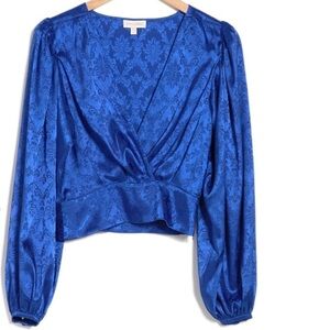 Ronny Kobo Eugenia Satin Crop Top Faux Wrap Balloon Sleeve NWT​​​​​